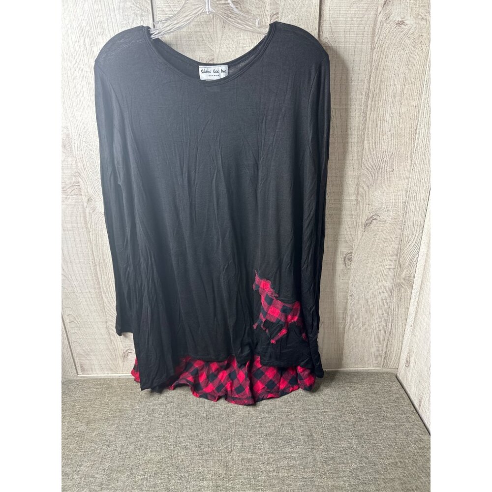 Shane Lee Inc Black & Red Plaid Horse Print Long Sleeve Tunic Top Blouse Size L